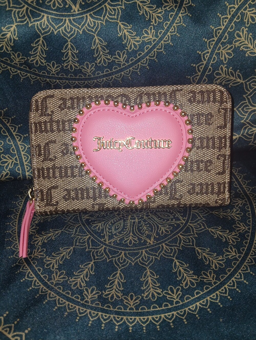 Juicy Couture Brown Logo Wallet with Pink Heart Accent